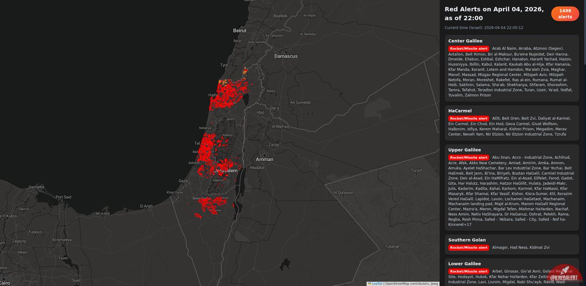 Red alerts as of 22:00 today, April 04, 2026: 🔸 Red alerts: 1498 (1459 ...