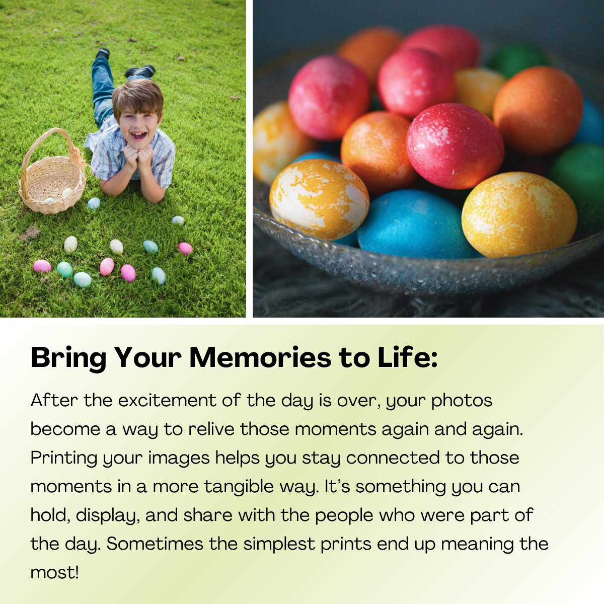 Easter is almost here! 🐰

Whether you're spending the day capturing candid moments or snapping a few portraits, a little intention goes a long way. 

Take a few extra photos, enjoy the day, and don’t forget to go back and revisit your favorites after it’s all over!