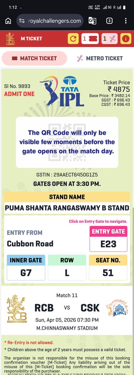 Singh4896's tweet photo. Tickets Available (4 tickets)
RCB vs CSK 
5th April 2026 
@chinnaswamy stadium

Stand: A Stand 2 tickets 
Price: 7k price

What's app me +91 87577 29798

#rcbtickets #tickets #ipltickets #rcbvscsk #csktickets #RcbvsCsktickets2026
#rcb
#csk
#ipl2026schedule
#iplindia2026.... https://t.co/dAHcWlmqF8