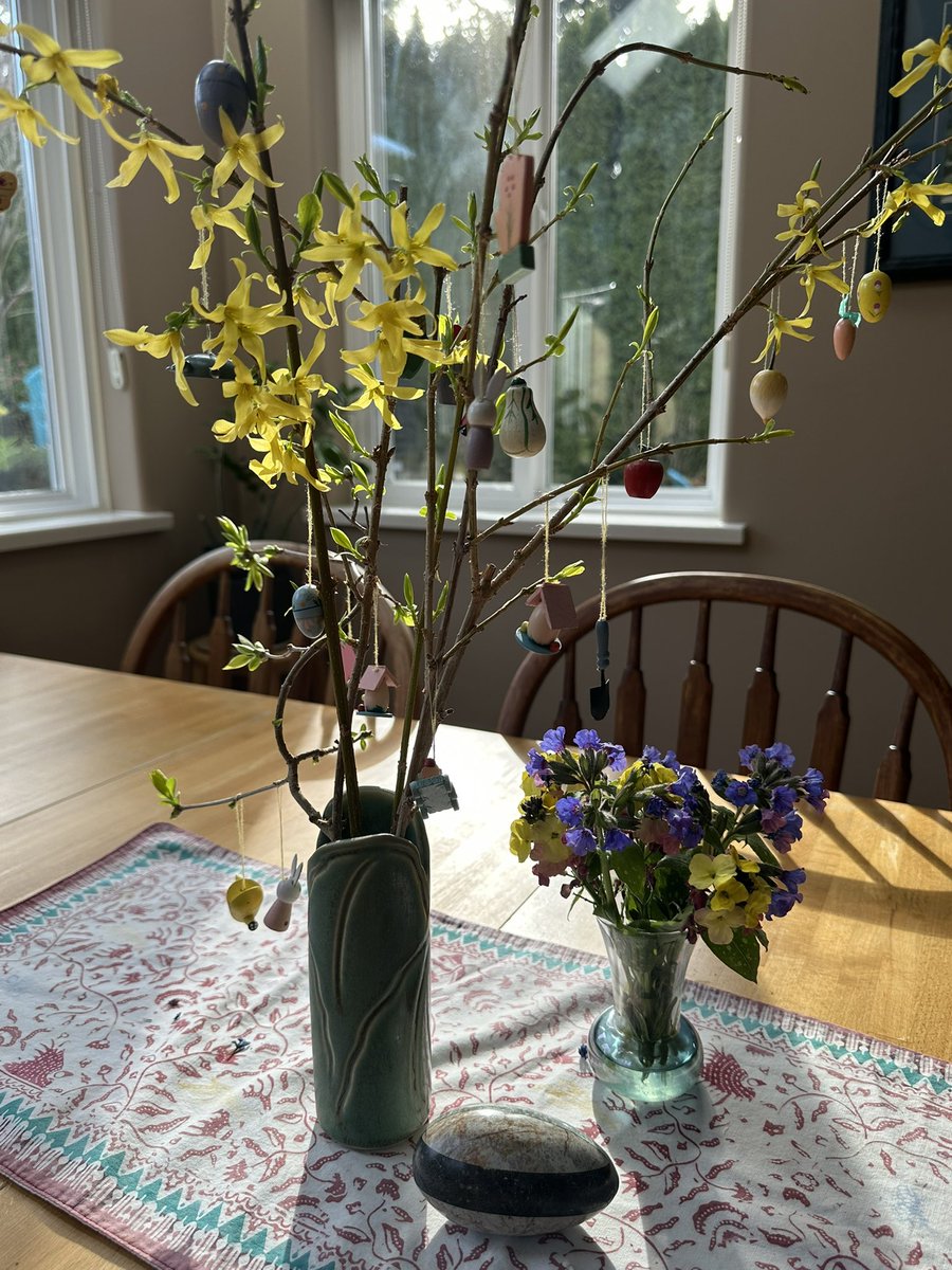 VanIsleGardener's tweet photo. Yesterday I read a post about someone’s Easter tree. I used to hang some ornaments on some spring branches but I’d never heard the term. Found the old wooden decorations in a box and made an #EasterTree #SpringFlowers #CelebrateHolidays https://t.co/ATg1RhvsTg