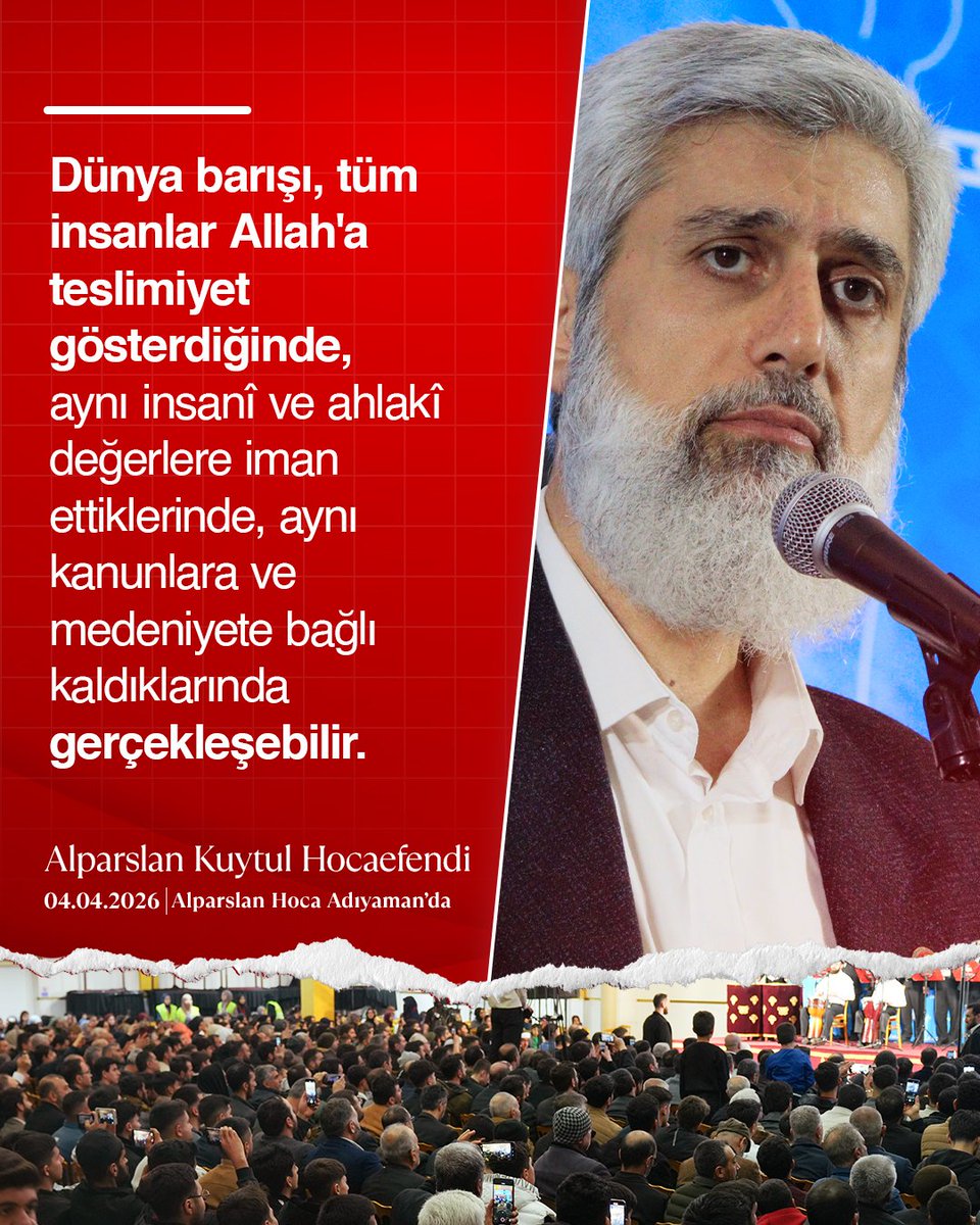 Dünya barışı, tüm insanlar Allah'a teslimiyet gösterdiğinde, aynı insanî ve ahlakî değerlere iman ettiklerinde, aynı kanunlara ve medeniyete bağlı kaldıklarında gerçekleşebilir.

AlparslanHoca Adıyamanda
#FurkanKonferansları