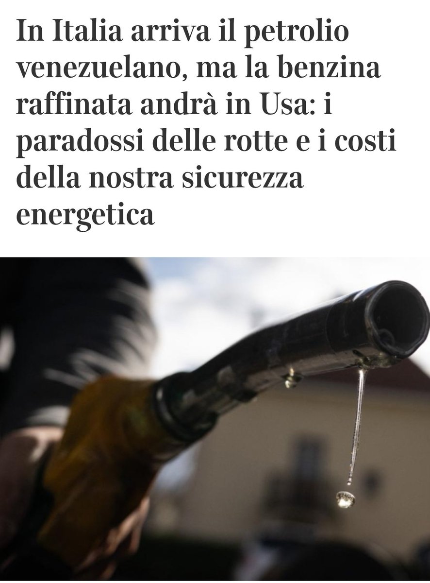 Ricapitolando 
Trump si fotte il petrolio in Venezuela
Arriva in Italia viene raffinato e la benzina (di ottima qualità)
parte per gli stati uniti. 
A noi rimane lo scarto e lo dobbiamo pure pagare. 
Complimenti 👏👏👏