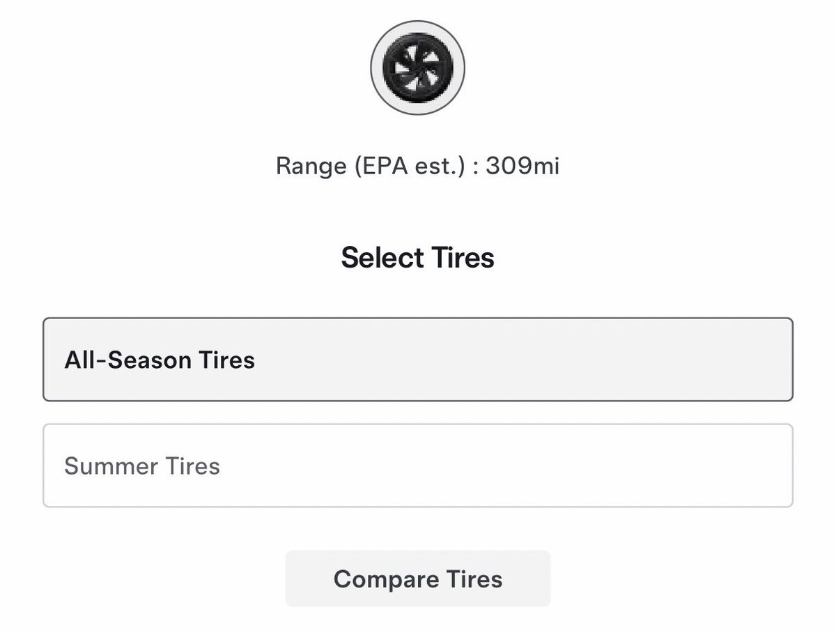TeslaNewswire's tweet photo. Tesla configurator now allows you to select either summer or all-season tires for the Model 3 Performance in the U.S.

Range:
✅ 304 miles with summer tires
✅ 309 miles with all-season tires https://t.co/rvPWgMGLyz