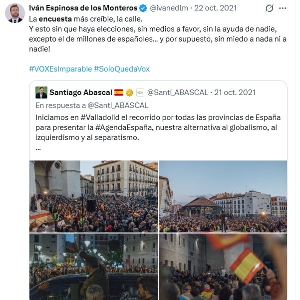 Publicación de 2021 que bien podría ser, por las imágenes que muestran el apoyo a VOX, de lo visto en los actos de Santiago Abascal en los últimos meses e incluso ahora el apoyo es más masivo. 

Ayer y hoy, la encuesta más creíble, la calle😏