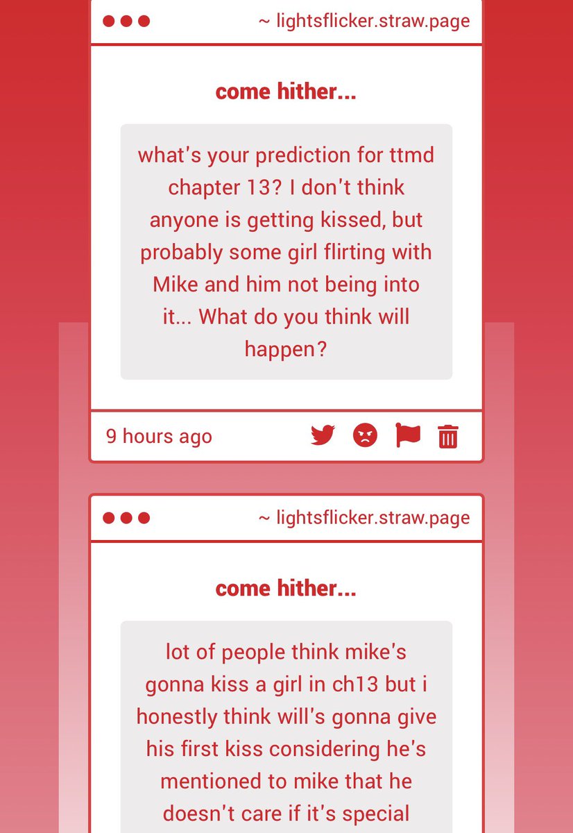 1. That’s fair! I’ll definitely read AUs though like I’ll read pretty much anything 
2/3. I don’t think anybody’s kissing anyone tbh but I’m scared one of them is going to get Sad