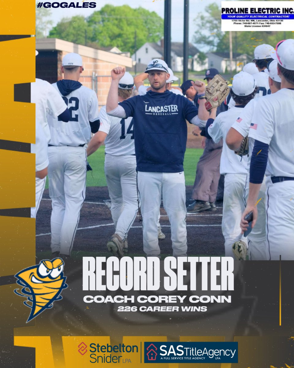 lancastergales's tweet photo. A new record at Lancaster High School. 

Congratulations to Coach Corey Conn for setting the all-time win record for a varsity baseball coach at LHS with 226 wins.

#GoGales https://t.co/c9dztcmi2l
