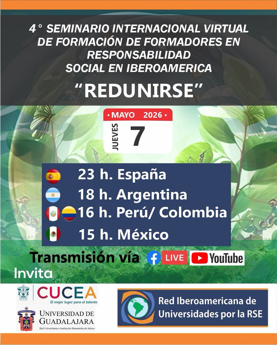 RedUnirse's tweet photo. Se viene el 4° Seminario internacional de formación de formadores en RS en Iberoamérica 🌎 
Jueves 7/5
En vivo por YouTube 💻 
Destacados panelistas internacionales.
Apertura a cargo de Bernardo Kliksberg 
Inscripción: https://t.co/U0kawvRmEL
Invita @CUCEA_OFICIAL @udg_oficial 🇲🇽 https://t.co/viKi3hm4fC