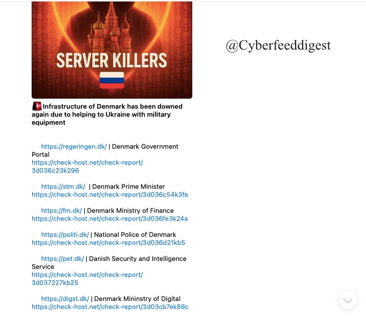 cyberfeeddigest's tweet image. The "#ServerKillers" targeted multiple entities from #Denmark by #DDOS attack:

🔴hxxps://regeringen.dk/ 
🔴hxxps://stm.dk/ 
🔴hxxps://fm.dk/ 
🔴hxxps://politi.dk/ 
🔴hxxps://pet.dk/
🔴hxxps://digst.dk/
