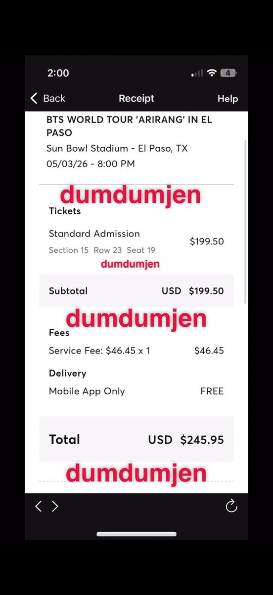 dumdumjen's tweet photo. Selling (1) BTS El Paso ticket
May 3rd, 2026
Section : 15  ,Row:23 , Seat 19
Price: $250 ( Original price I paid for)
please dm if interested!
@875tickets #BTS_ARİRANG #BTSTOUR https://t.co/PyFU0NOfAO