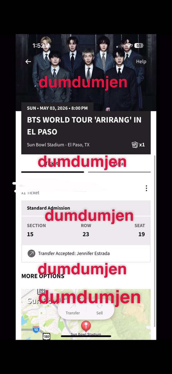 dumdumjen's tweet photo. Selling (1) BTS El Paso ticket
May 3rd, 2026
Section : 15  ,Row:23 , Seat 19
Price: $250 ( Original price I paid for)
please dm if interested!
@875tickets #BTS_ARİRANG #BTSTOUR https://t.co/PyFU0NOfAO