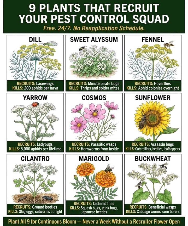 dufitalexis1's tweet photo. Every pest in your garden already has a natural predator. The missing piece is the flower that brings that predator in and keeps it there.

Plant all nine of these and stagger the bloom times. You'll have a recruiter flower open every week of the season — and a predator on patrol every week of the season.

What each one does:

Dill and fennel both draw lacewings and hoverflies with their flat yellow umbels. A single lacewing larva eats 200+ aphids. A hoverfly larva can consume 400+ overnight. Let them bolt — the flowers are the point, not the herb.

Yarrow holds ladybugs on-site. Its flat-topped flower heads give them easy landing access and nectar that keeps them resident in your yard instead of drifting to the neighbor's. One ladybug eats 5,000 aphids over its lifetime.

Sweet alyssum recruits minute pirate bugs — tiny predators that specialize in thrips and spider mites, two pests almost impossible to knock back with sprays.

Cosmos funds your hornworm defense. Its open blooms attract parasitic wasps that lay eggs inside hornworm caterpillars and consume them from within.

Sunflowers become hunting platforms for assassin bugs. These ambush predators grab caterpillars, beetles, and leafhoppers with raptorial forelegs. One plant turns into a kill zone.

Cilantro and marigold work the soil and the air. Ground beetles shelter under bolted cilantro by day and hunt slug eggs and cutworms at night. Tachinid flies drawn to marigold blooms parasitize squash bugs, stink bugs, and Japanese beetles.

Buckwheat fills the gaps. It blooms in four to six weeks from seed and produces dense nectar for beneficial wasps targeting cabbage worms and corn borers. Succession-sow every three weeks through the season.

The garden that feeds predators doesn't need to fight pests — it just needs to stay in bloom.