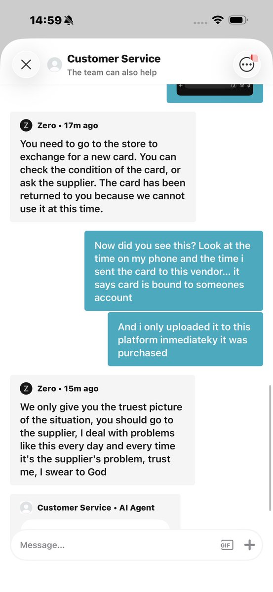 topkidd_daviber's tweet photo. @societyhatestee Have a look at the conversation with Zero with Zero Brains. Asking me to return the card when they clearly know that once purchased they aren’t to be returned. I’m not saying you shouldn’t trade with them, I’m saying it’s at your own risk because they’ve ripped me more than once! https://t.co/seP0jMMXxs