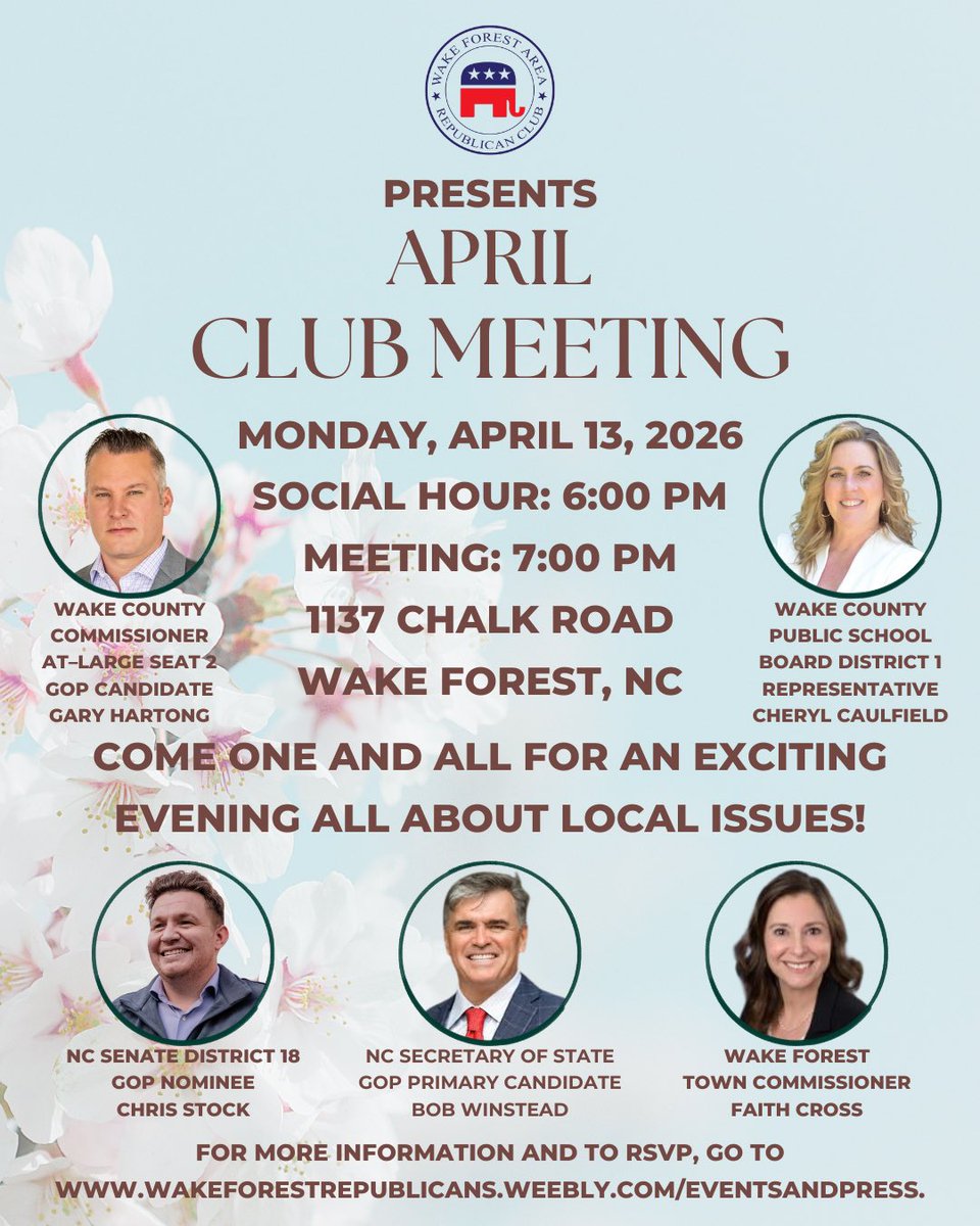 WakeForestGOP's tweet photo. Come one and all to our April Club Meeting! https://t.co/ew7VyOoyJ1