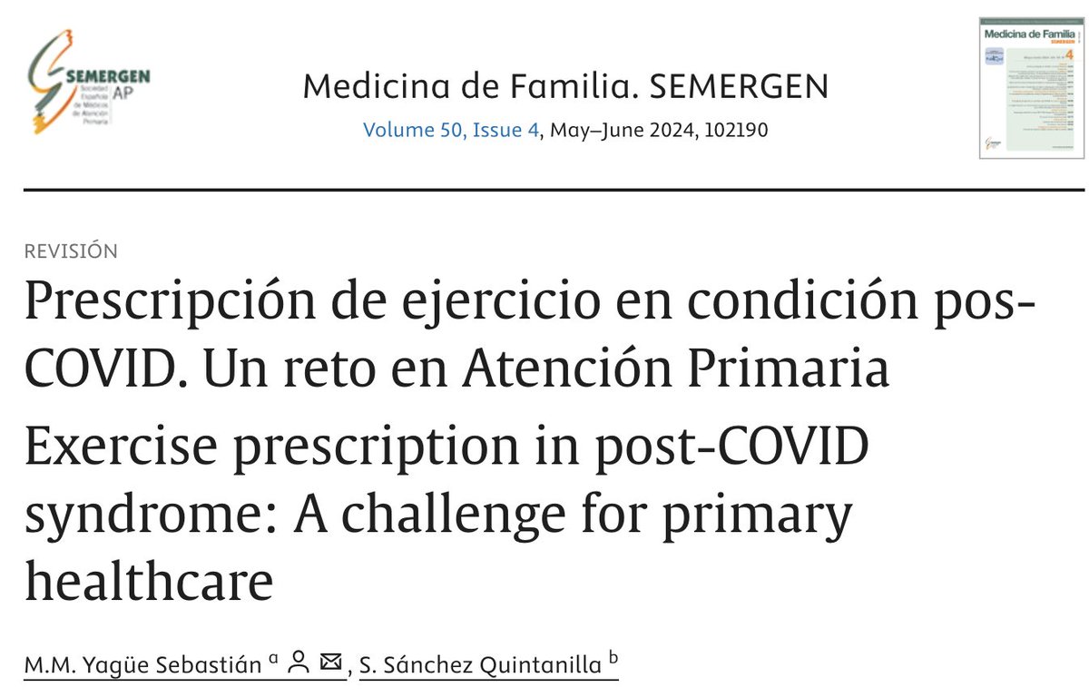 SEMERGENap's tweet image. #RevistaSEMERGEN Revisiones: 📙Prescripción de ejercicio en condición pos-COVID. Un reto en Atención Primaria. M.M. Yagüe Sebastián
f.mtr.cool/hqhnnpjzss
#Ejercicio #COVID19 #AtenciónPrimaria