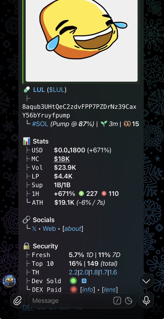 Watch your entry on $LUL
high gamble 🎲🎲🎲
Ca::

8aqub3UHtQeC2zdvFPP7PZDrNz39CaxY56bYruyfpump

#Solanamemecoin #Solana #Earlyalphacalls #Memecoin