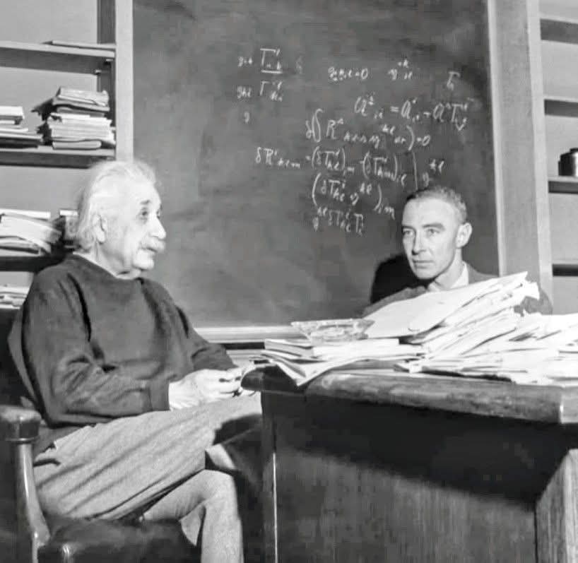 Albert Einstein is with J. Robert Oppenheimer back in 1947.