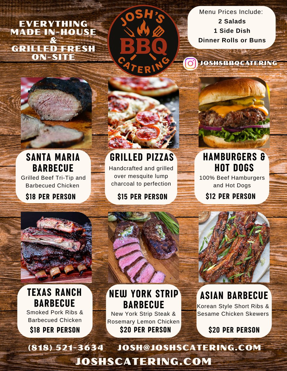 Joshdnoland's tweet photo. Everything made in-house and grilled fresh on-site — that’s the Josh’s BBQ Catering difference.  Our full catering menu brings serious flavor to any gathering with premium, crowd-pleasing options. Serving the greater Los Angeles area. https://t.co/fn5AUyjNUa