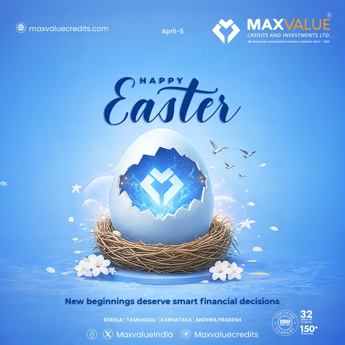 MaxvalueIndia's tweet photo. Happy Easter 💙✨
Wishing you new beginnings, fresh opportunities, and a future full of growth.
#HappyEaster #NewBeginnings #FreshStart #FinancialGrowth #SmartInvesting #WealthBuilding #Maxvalue #SecureFuture https://t.co/nh5tajOlN5