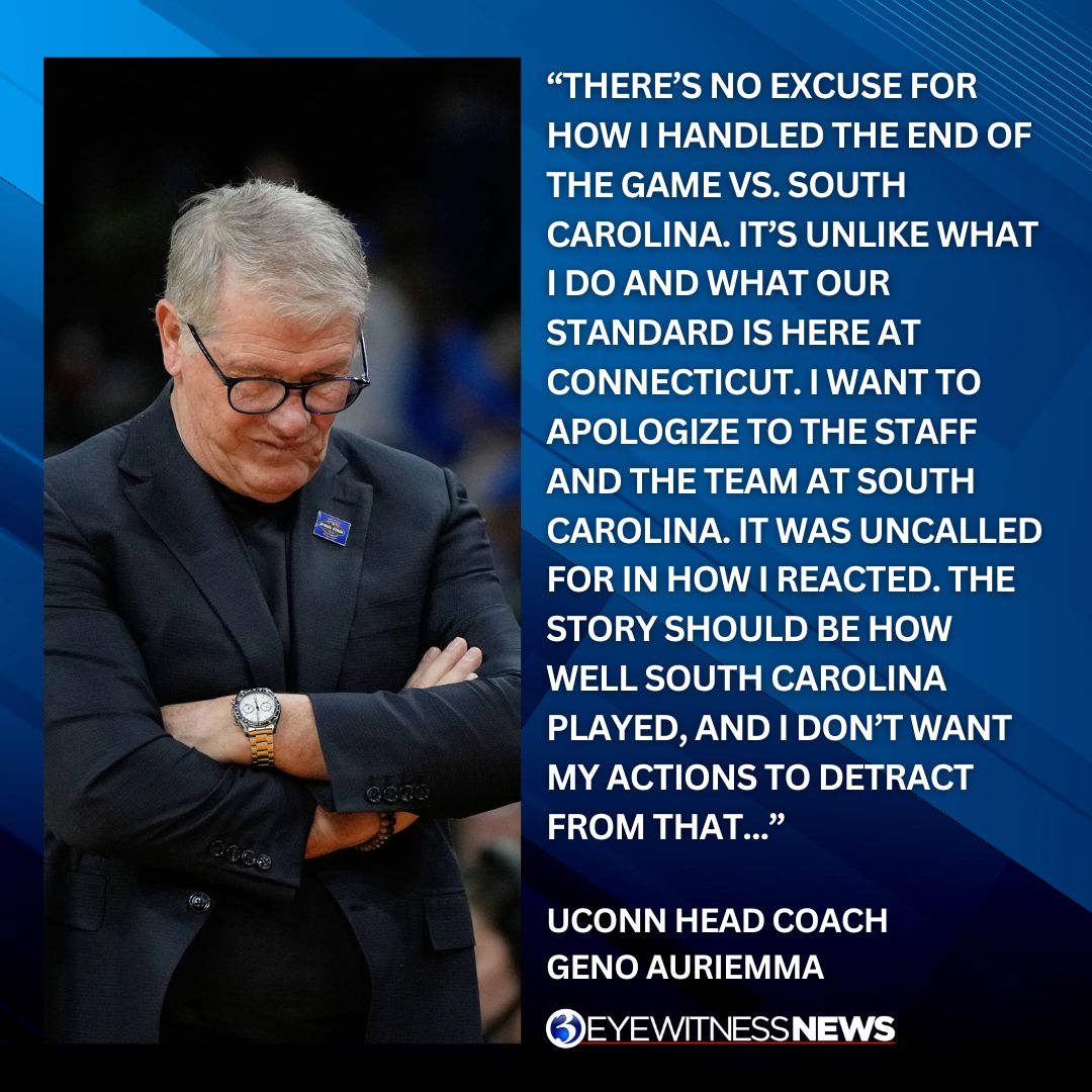 WFSBnews's tweet image. #UConn women’s basketball coach Geno Auriemma released a statement after a heated exchange with #SouthCarolina coach Dawn Staley in the final seconds of the Huskies’ 62-48 loss in the #FinalFour