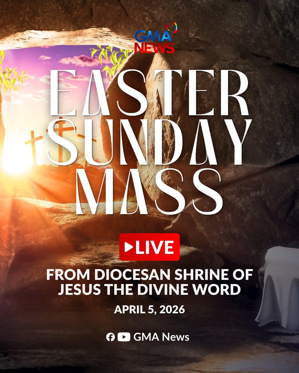 gmanews's tweet photo. Maligayang Pasko ng Pagkabuhay, mga Kapuso! 

“He is not here; He has risen, just as He said. Come and see the place where He lay.” — Matthew 28:6

Let us celebrate Easter Sunday with a mass at the Diocesan Shrine of Jesus the Divine Word today, April 5, 2026, on GMA News social media platforms.