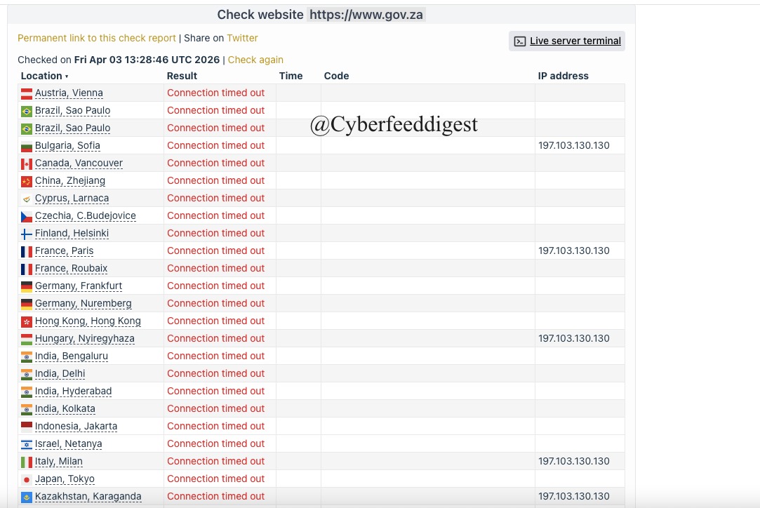 cyberfeeddigest's tweet image. The "#KeymousPlus" targeted #SouthAfrica  with #DDOS attack:

❌Official Government of South Africa
❌Parliament of South Africa
❌Home Affairs (ID, passports, immigration)
❌National Treasury 
❌eHomeAffairs 
❌Companies and Intellectual Property Commission (CIPC)