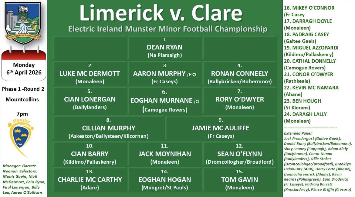 LmkFootballers's tweet photo. Garrett Noonan and his management team has released their Limerick Minor Football team and match panel for their round 2 of the Electric Ireland Munster Minor Football Championship clash v Clare:
Limerick Minor Football team will take on Clare this Monday in Mountcollins at 7pm https://t.co/8Th8dibJld