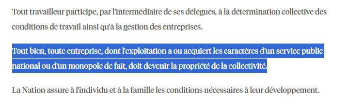 Je rappelle que :  

_l'expropriation est un droit inaliénable de l'État depuis la Révolution  

_elle peut être fait sans indemnisation depuis les ordonnances de 1944  

_tout monopole de fait doit être nationalisé selon le bloc de constitutionnalité en vigueur depuis 1946  

😊