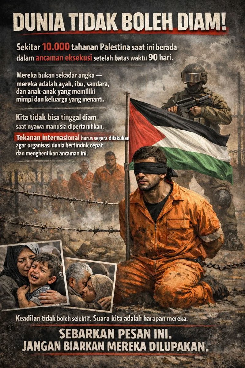 DUNIA TIDAK BOLEH DIAM!

Sekitar 10.000 tahanan Palestina berada dalam ancaman eksekusi mati setelah waktu 90 hari. 

Ini bukan sekadar angka—ini adalah nyawa manusia, keluarga, dan masa depan yang terancam hilang.

Jika keadilan masih berarti, maka ini saatnya bersuara. Tekanan