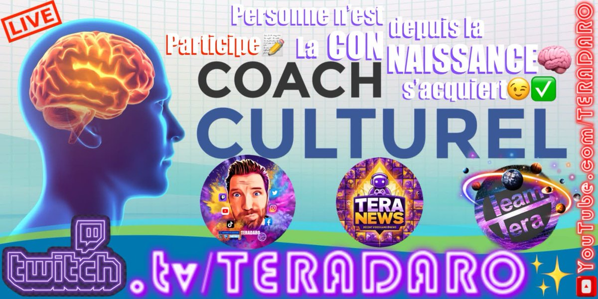 HRKFR's tweet image. 🚨 Venez vous #stimuler, #tester et #étudier vôtre #cerveau avec le #CoachCulturel ce samedi 4 avril sur 
➡️twitch.tv/TERADARO 💜
Vous pouvez même #participer et jouer avec nous depuis le confort de vôtre maison et avec toute la #famille.