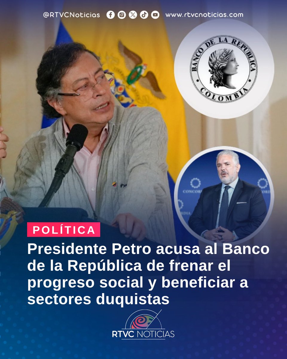 #Política 🏦📣 l  El presidente Petro cuestiona al Banco de la República por mantener altas las tasas de interés y califica la decisión como “electoral y duquista”, advirtiendo efectos en la economía y el empleo. 

👉🗞️ Más detalles en: rtvcnoticias.com/politica/petro…