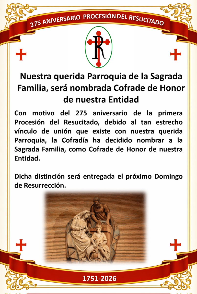 ¡Anuncio! Nombramiento de la Parroquia de la <a href="/SagradaAvila/">Parroquia Sagrada Familia Ávila</a>, como hermana de honor de nuestra Cofradía. Durante la Solemne Eucaristía del #DomingoDeResurrección, entregaremos este tan merecido reconocimiento a nuestra querida Parroquia. 
#Ávila #SomosDelResucitado