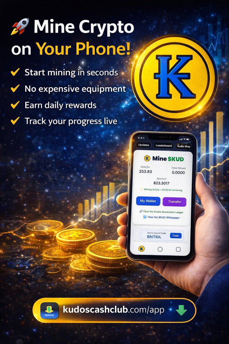 MineKudos's tweet photo. Start mining crypto from your phone in seconds โก
No setup. No hardware. Just tap and earn.
๐ฒ https://t.co/jo4a0RwzIw
IOS coming soon!
#airdrop #Web3 #Crypto #CryptoCommunity #KUD #cryprogem https://t.co/ZOgi03wM6h