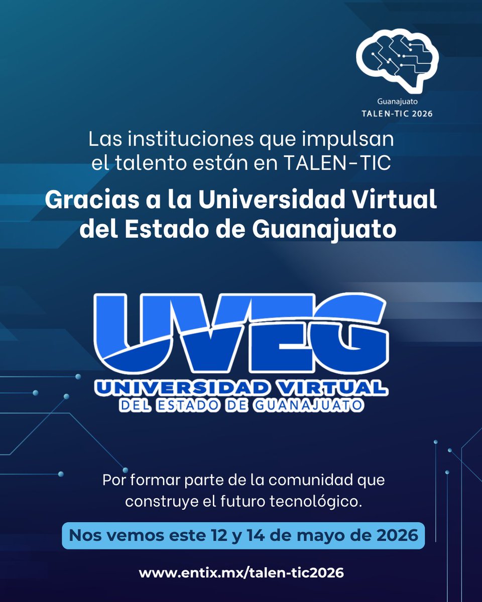 EntixNegocios's tweet photo. 👏 Reconocemos a la @UVEGonline por formar parte de TALEN-TIC 2026.
Su compromiso con la educación impulsa el futuro digital.

Nos vemos este 12 y 14 de mayo

#ComunidadTIC #TALENTIC2026 #SoyTalento #SoyJunglab #Tecnología https://t.co/lH2vIBpv2j