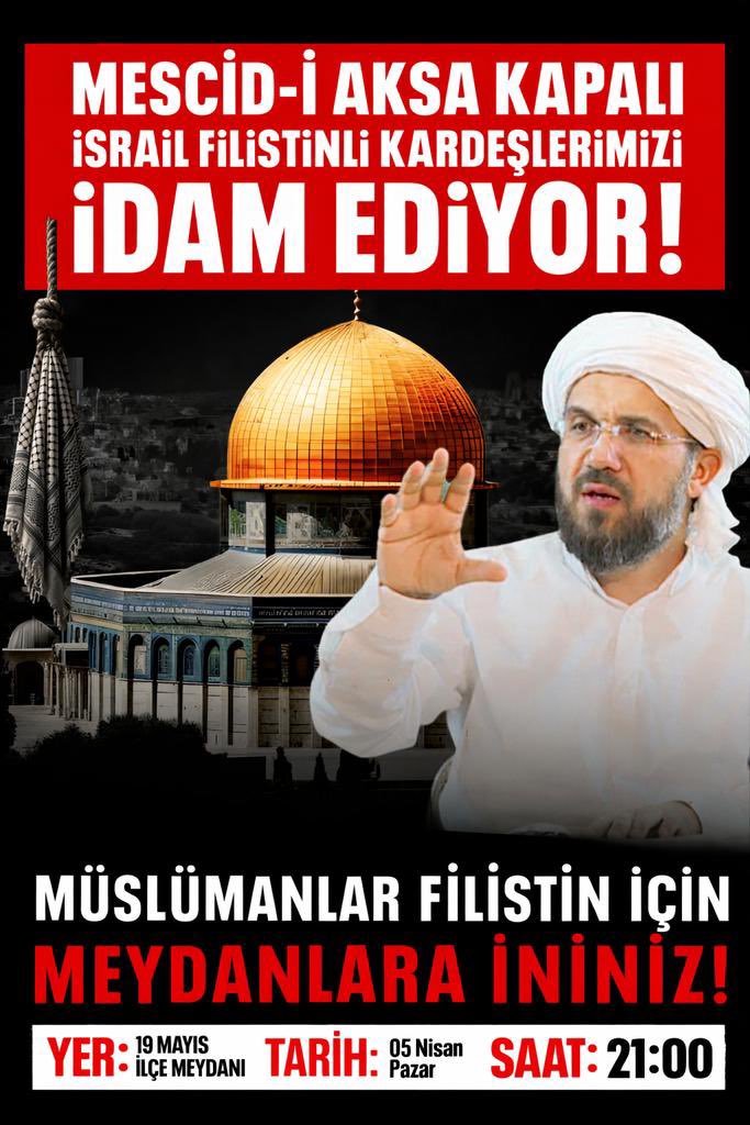 Paylaşıp - Duyuralım ⚠️

Mescid-i Aksa Kapalı İsrail Filistinli Kardeşlerimizi İdam Ediyor!

🇵🇸 Müslümanlar Filistin İçin
Meydanlara iniyor.

📍Program Twitter(X)'den canlı yayınlanacaktır.

🗓 05 Nisan Pazar
⏰ 21.00
📌 19 Mayıs İlçe Meydanı