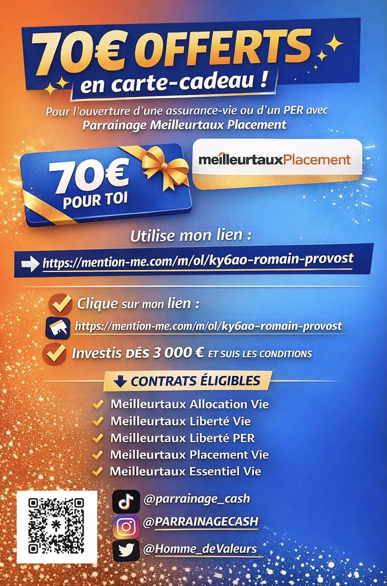 Homme_deValeurs's tweet photo. 🎁70€ offerts en carte-cadeaux chez MeilleurTaux en ouvrant une assurance-vie/PER
➡️Lien de parrain : 
https://t.co/yGbvU89OeW
🎯Ouvre ton contrat, investi la somme demandée 
✅70€ reçus

#SRFC #SB29SRFC #MallorcaRealMadrid #LOSCRCL #Pâques #RimaHassan #TheVoice #ASNLASSE #DALS https://t.co/0SFoL9TbWT