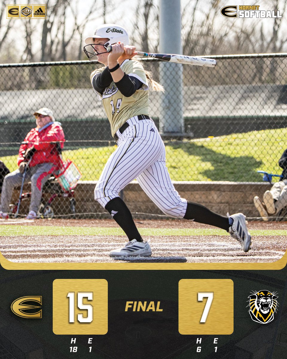 Final from Hays as <a href="/EState_Softball/">Emporia State Softball</a> wins game one 15-7 in five innings. Ally Miller and Brooke Flewelling both drive in three runs for the Hornets. #StingersUp