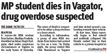 thegoanonline's tweet image. THE GOAN |MP student dies in Vagator, drug overdose suspected
Read more:tinyurl.com/43veauxv
#Goa #News #Headlines