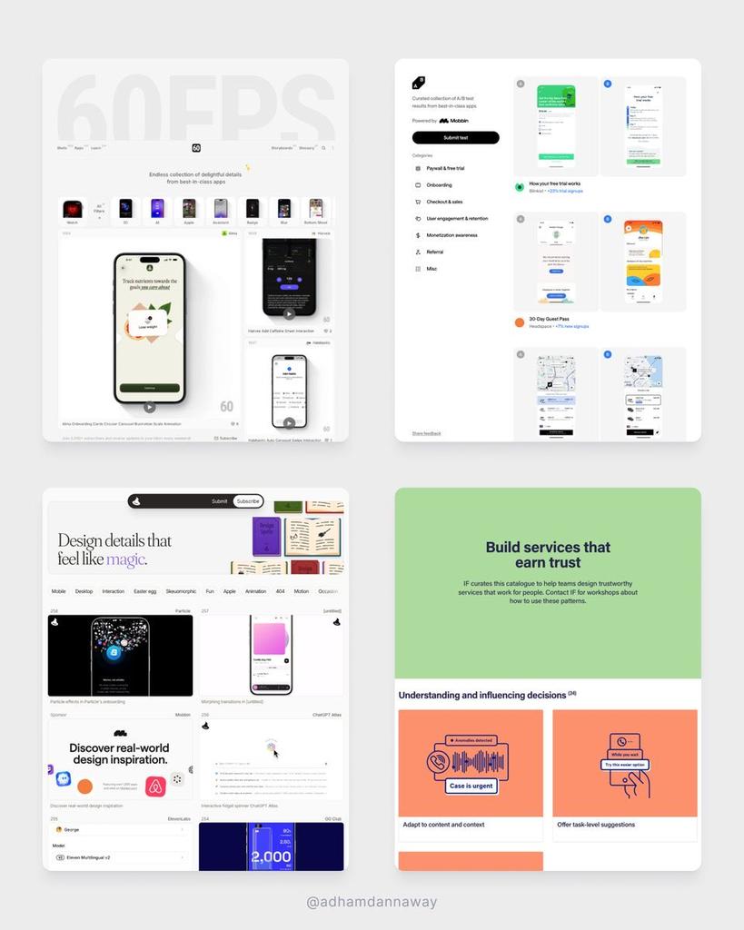 ApkoUIUX's tweet image. Go-to sites to learn UI design for free 

Motion → 60fps.design
Patterns → catalogue.projectsbyif.com
AB Tests → abtest.design
Inspiration → designspells.com
Breakdowns → uxsnaps.com
UI components → uiplaybook.dev

Did I miss