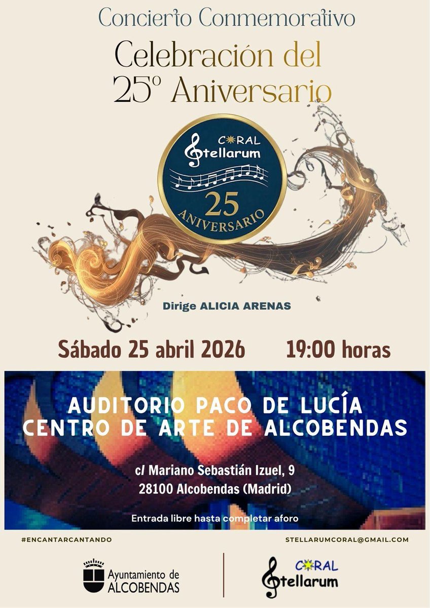 🎶 ¡CELEBRAMOS 25 AÑOS DE MÚSICA! 🎶
En la Coral Stellarum estamos de aniversario.Queremos celebrar nuestras Bodas de Plata contigo.

🗓 ¿Cuándo? 25 de abril
⏰ Hora: 19:00 h
📍 Lugar: Auditorio Paco de Lucía (Centro de Arte de Alcobendas)