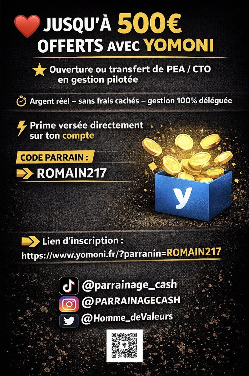Homme_deValeurs's tweet photo. 🚨Jusqu'à 500€ offerts avec Yomoni !
🤑Ouvre ou transfère ton compte-titres/PEA en gestion sous mandat et reçois ton bonus!
➡️Code: ROMAIN217
➡️Lien: https://t.co/6mglR72yN5)
⏳Investis !

#SRFC #SB29SRFC #MallorcaRealMadrid #LOSCRCL #Pâques #RimaHassan #TheVoice #ASNLASSE #DALS https://t.co/48wrQWQLYJ