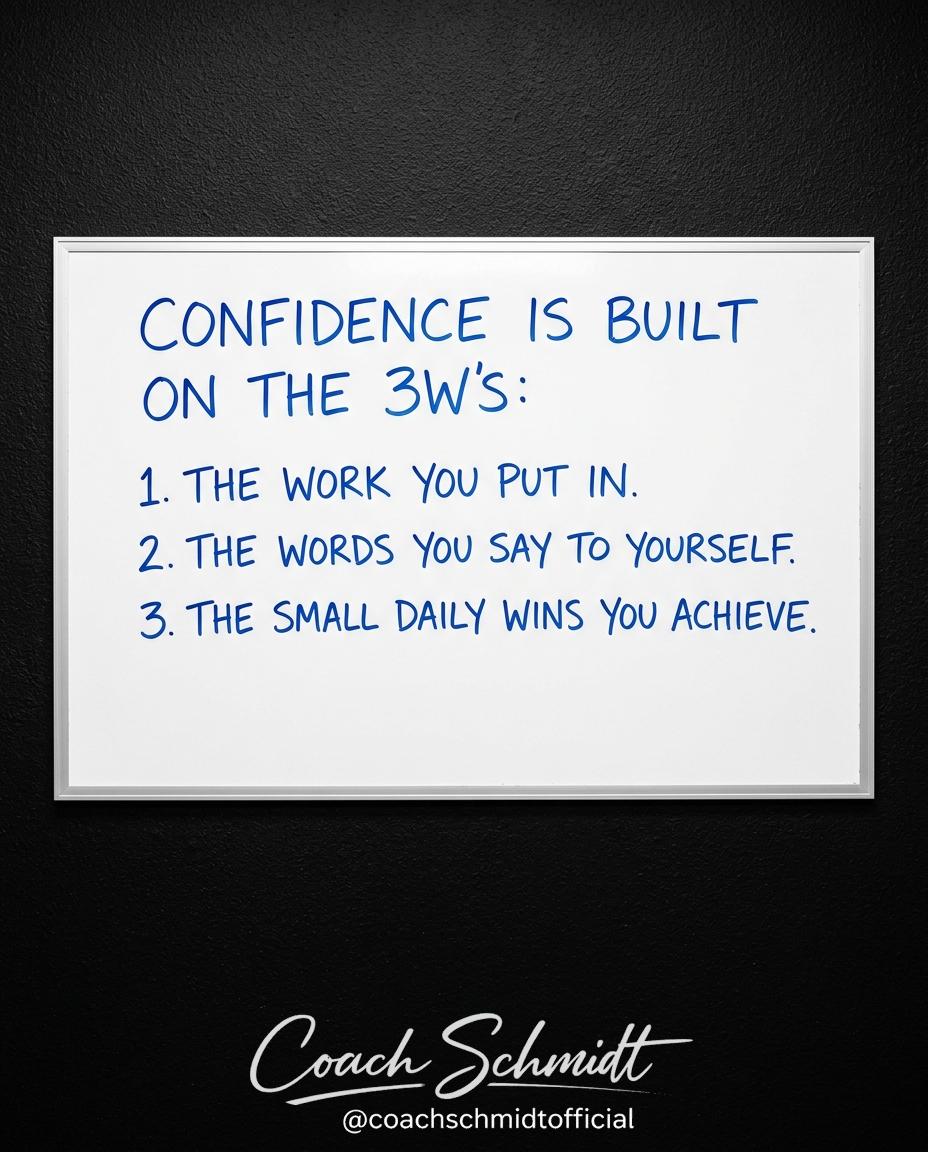 Coach_Schmidt_1's tweet image. Tag your accountability partner.

Confidence is built on

the 3W's:
1. The WORK you put in.
2. The WORDS you say
to yourself.
3. The small daily WINS
you achieve.

#confidence #selfbelief #putinthework #dailywins #mindset