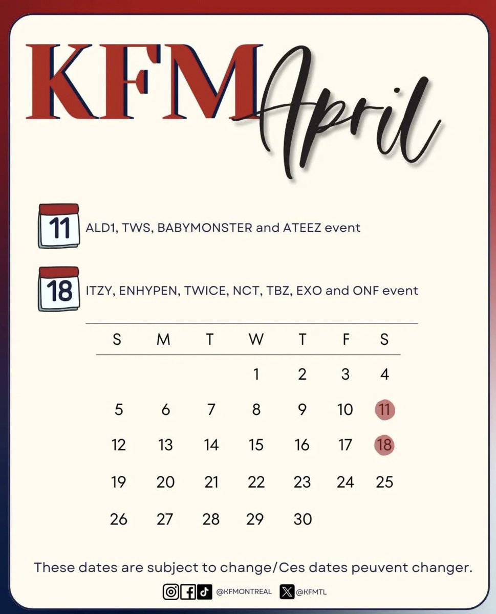 [FR]
Déjà le mois d'avril?!
Voici le calendrier de KFM du mois d'Avril 2026!
À quels événements planifiez-vous aller?
À bientôt!

[ENG]
Already the month of April?!
Here is the KFM calendar for the month of April 2026!
Which events do you plan on attending?
See you soon!