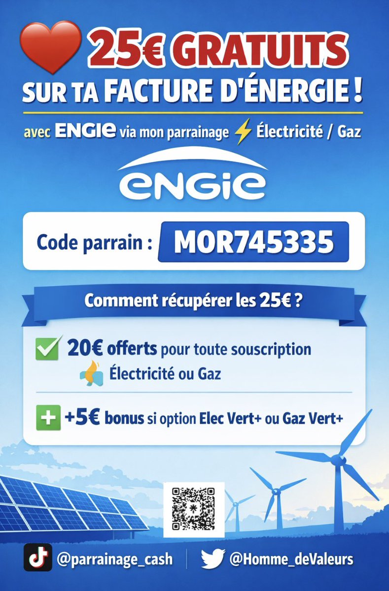 Homme_deValeurs's tweet photo. 🚨25€ OFFERTS sur ta facture d'énergie avec ENGIE⚡️
➡️Code: MOR745335
➡️ https://t.co/4Qqdf7rfCa
🤑20€ pour toute souscription
🤑+5€ si option

#SRFC #SB29SRFC #MallorcaRealMadrid #LOSCRCL #Pâques #RimaHassan #TheVoice #ASNLASSE #DALS https://t.co/gUM0xxRgp6