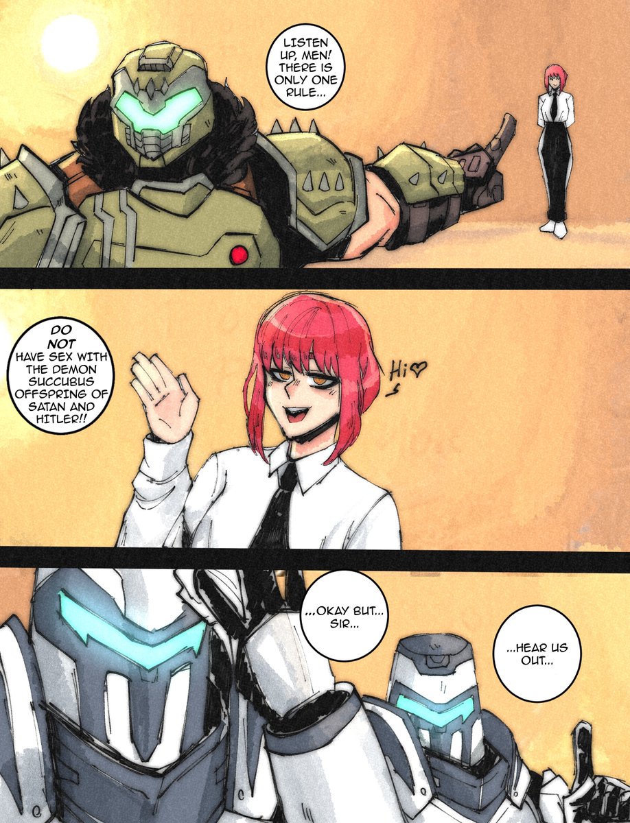 boomshootart's tweet image. Day 177 of posting my #DOOM art commissions

Slayer warns two Night Sentinels about Makima from Chainsaw Man

The Dark Ages crossover art
By @LORDKILLERGHOST