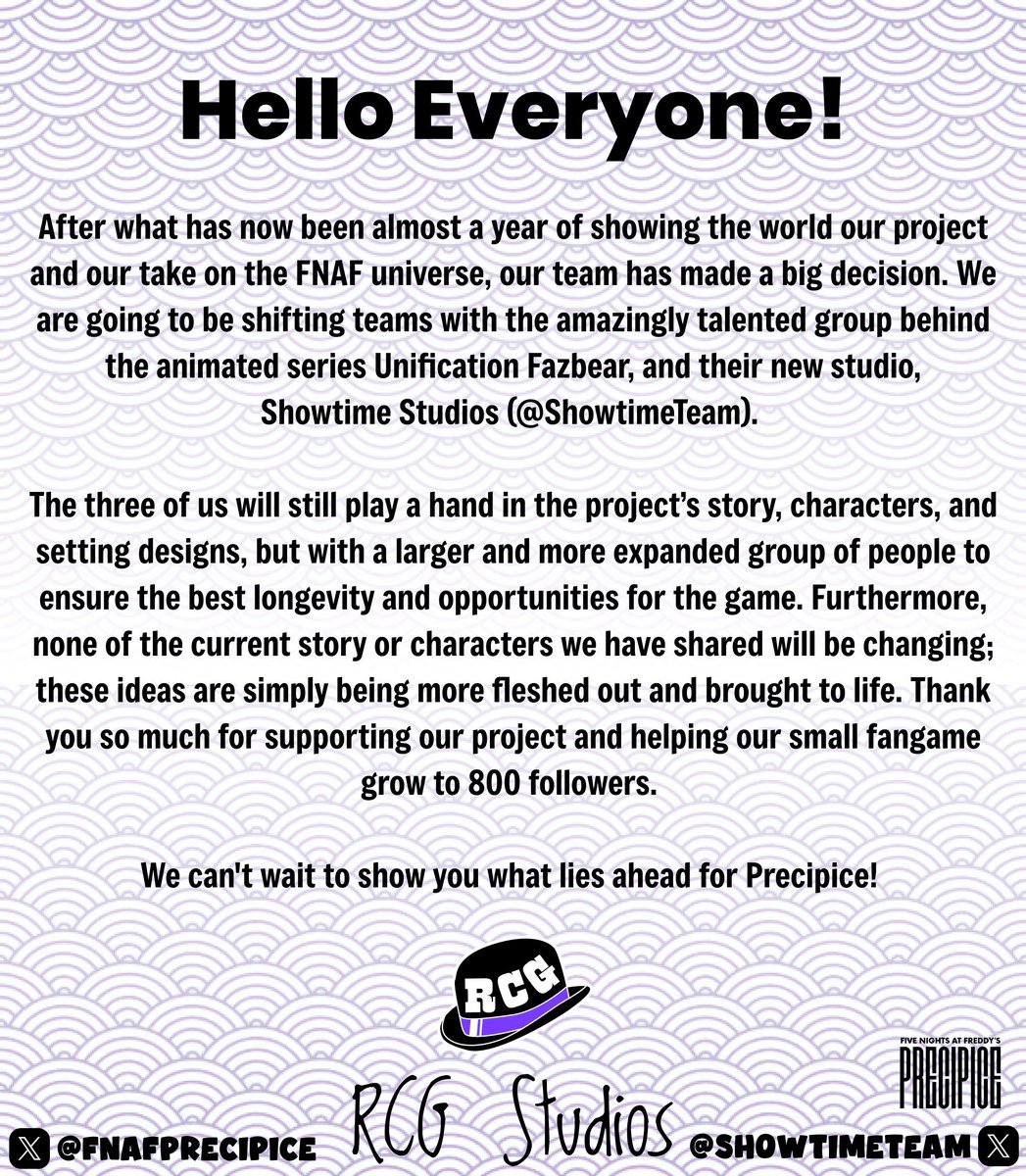 FnafPrecipice's tweet photo. An Important Announcement from RCG Studios: https://t.co/5pYdMFuItU