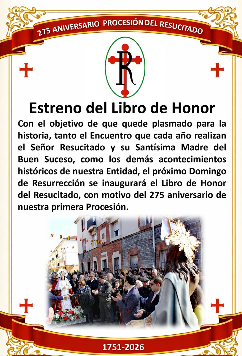 Mañana, #DomingoDeResurrección, con motivo del 275 aniversario de nuestra primera Procesión, se inaugurará el Libro de Honor de nuestra Entidad, donde quedará constancia de los acontecimientos históricos de nuestra Cofradía. #Ávila #SomosDelResucitado