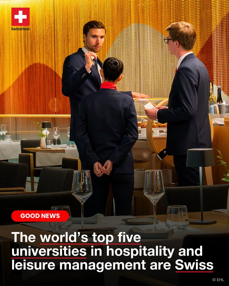 AbtSwitzerland's tweet photo. The top 5 universities for hospitality and leisure management are all Swiss, according to the QS World University Rankings by Subject 2026:

🥇 @EHLnews 
🥈 @LesRochesNews 
🥉 Glion Institute of Higher Education

Swiss Hotel Management School (SHMS) and César Ritz Colleges Switzerland round out the top 5.

ℹ️ https://t.co/WighAT9jLN