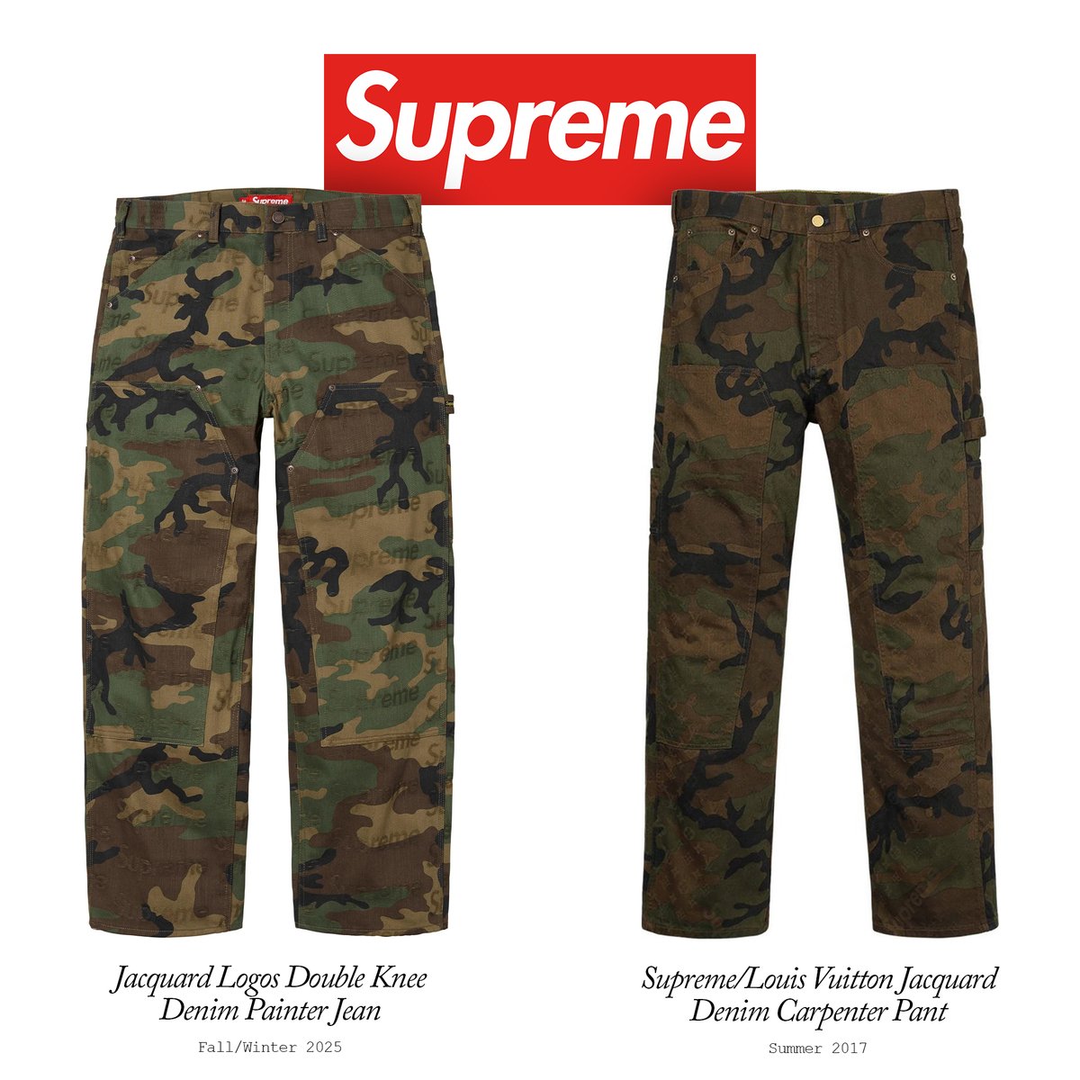 Last season, Supreme released a set of denim trucker jackets and jeans that were very reminiscent of their 2017 Louis Vuitton collaboration…

Which one do you prefer?