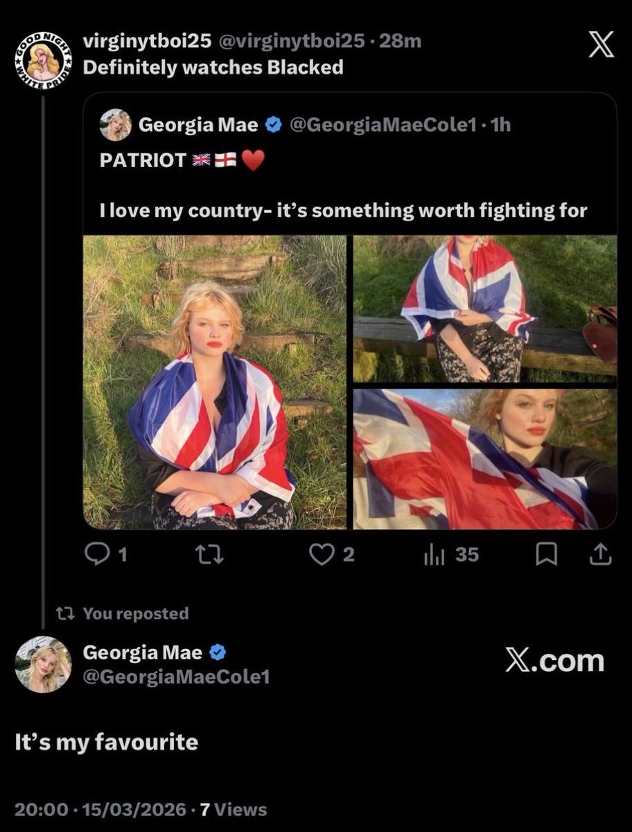 slagoonbuck's tweet photo. @benormalnwo She’s unironically into it and baiting. Obviously wh*tebois don’t satisfy @GeorgiaMaeCole1 , can’t blame her 😂 https://t.co/Z3sEi4UiwX