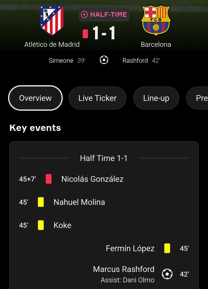 Halftime update: Barcelona 1–1 Atletico Madrid, with Nico González sent off after seeing a red card.